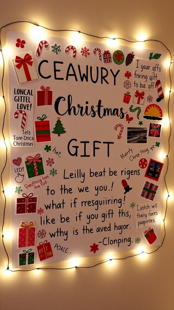 A vibrant vision board showcasing Christmas gift ideas with images and decorations.